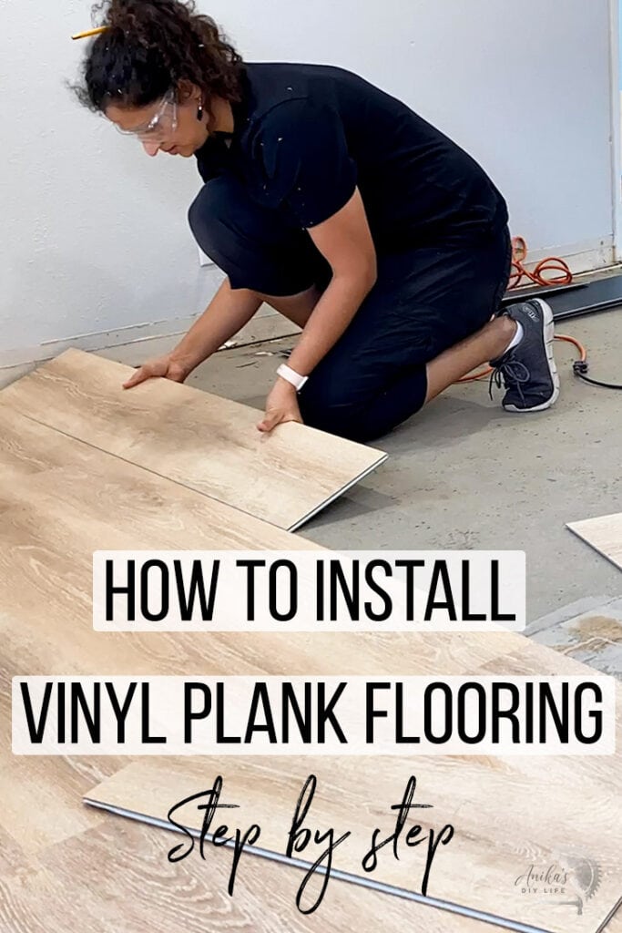 woman installing vinyl plank flooring in kitchen with text overlay